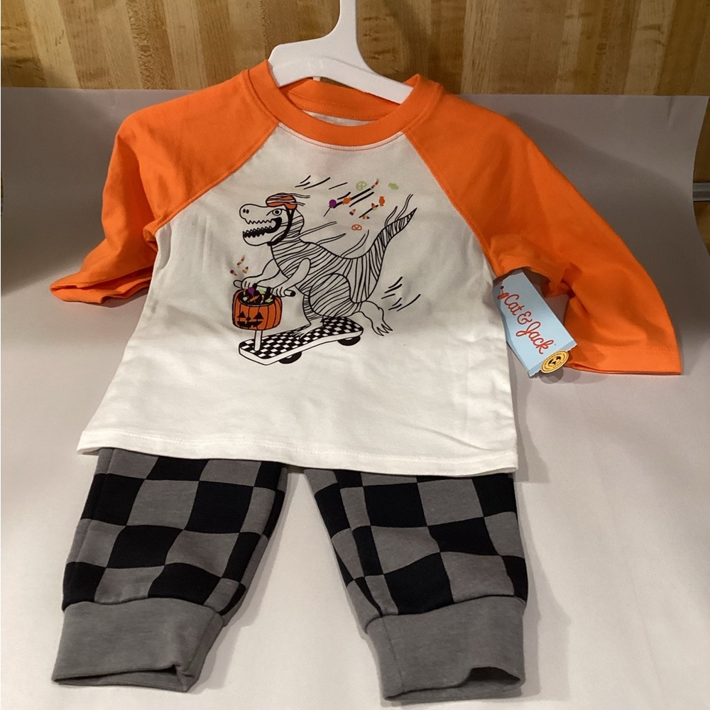 Target Orange and White Dinosaur Shirt with Gray and Black Pants